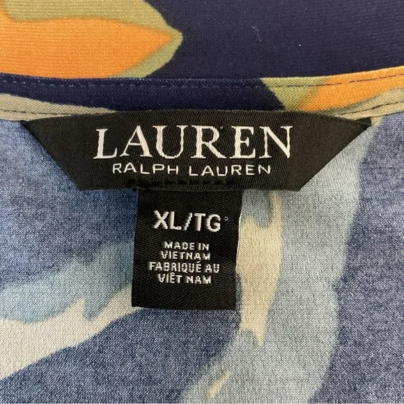 Lauren Ralph Lauren Floral Faux Wrap Top XL Navy D Ring Blouse - Picture 3 of 5
